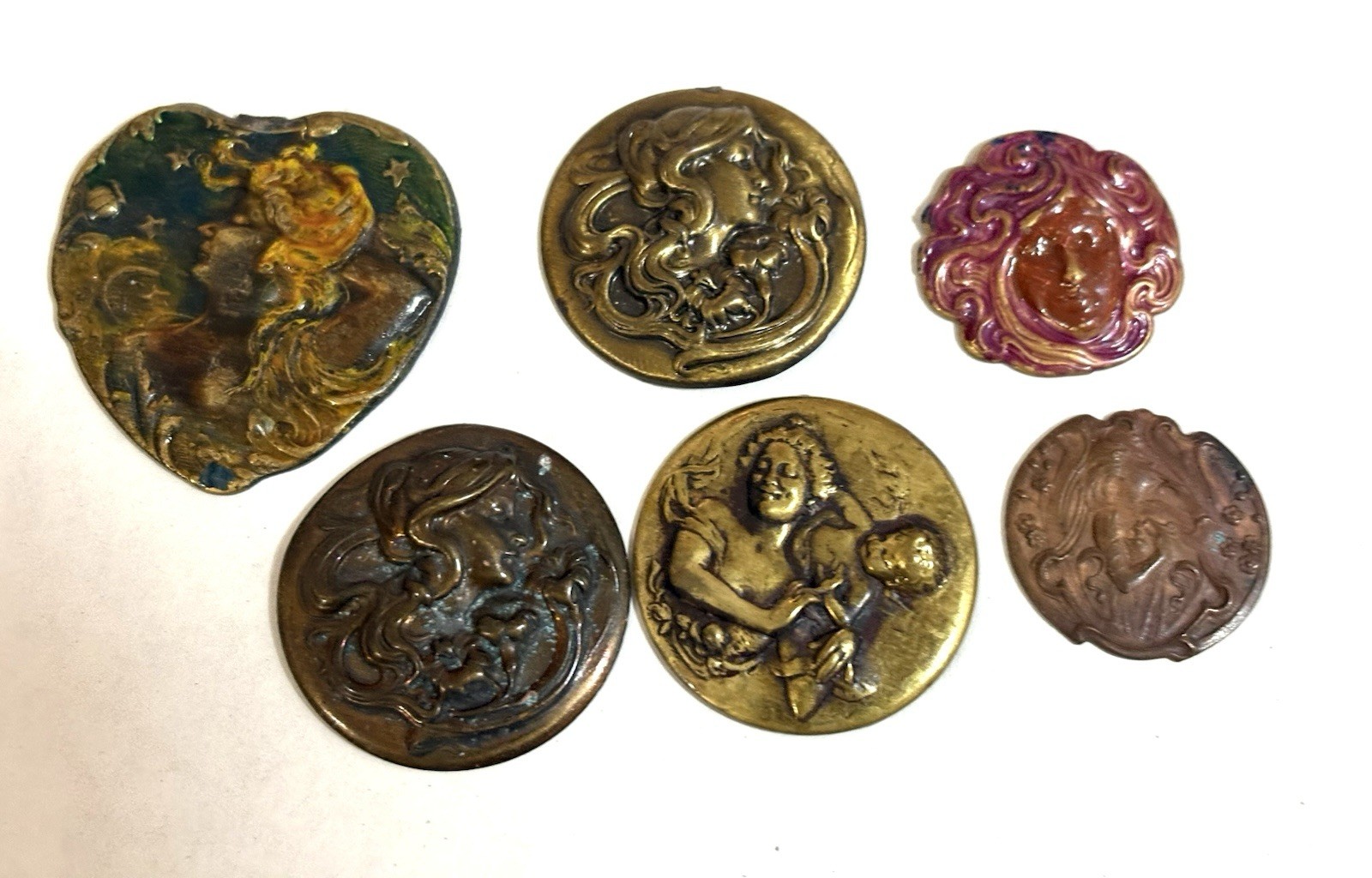 Lot ART NOUVEAU VINTAGE BRASS STAMPINGS NYMPH Ladies Cupid 6 Different Findings