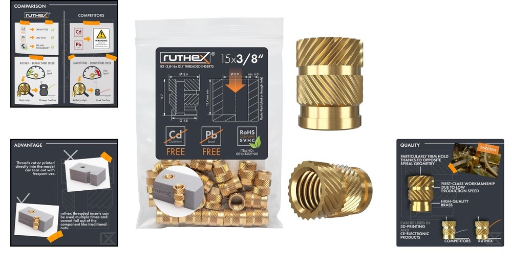 3/8"-16 Threaded Inserts: 15 Brass Nuts for Stable Heat Embedding in Plastics
