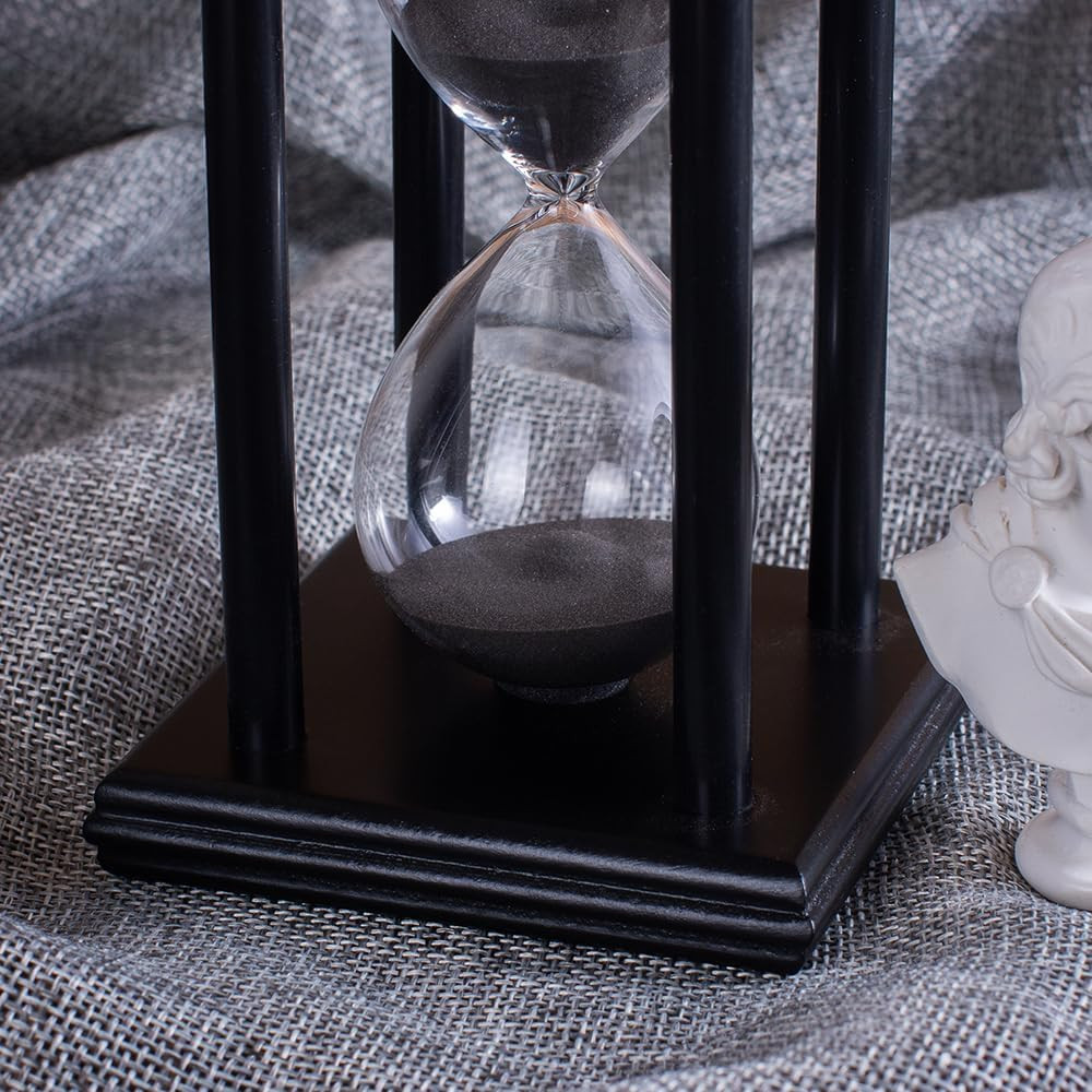 Hourglass Timer with Black Sand, 15 Minute Wooden Frame Sand Timer, Creative Han