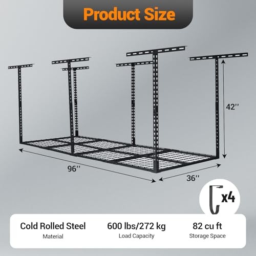 3x8 ft Heavy Duty Overhead Garage Storage Rack, Adjustable Ceiling Storage