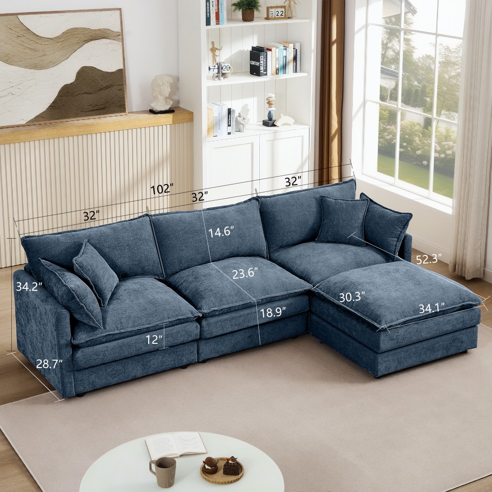 102" L-Shaped Modular Sectional Sofa w/ Ottoman, Chenille, Blue