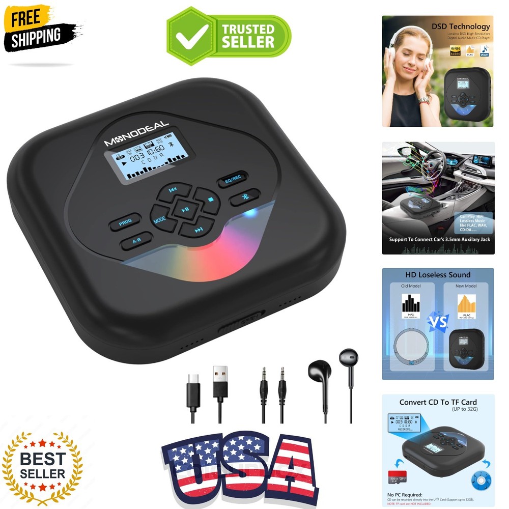 CD Player Portable,Bluetooth CD Player with Speakers,Rechargeable Player for ...