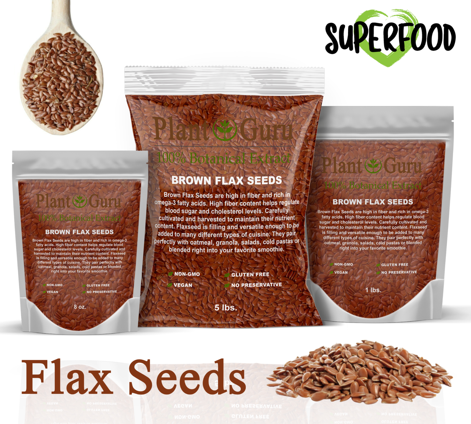Brown Flax Seeds Whole Grain Seed Flaxseed NON GMO Linseed 1 oz to 20 lbs. Bulk