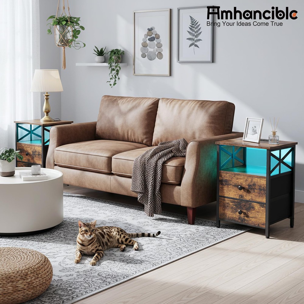 2-Piece Rustic Bedside Nightstand Set with LED USB Charging, Fabric Drawer