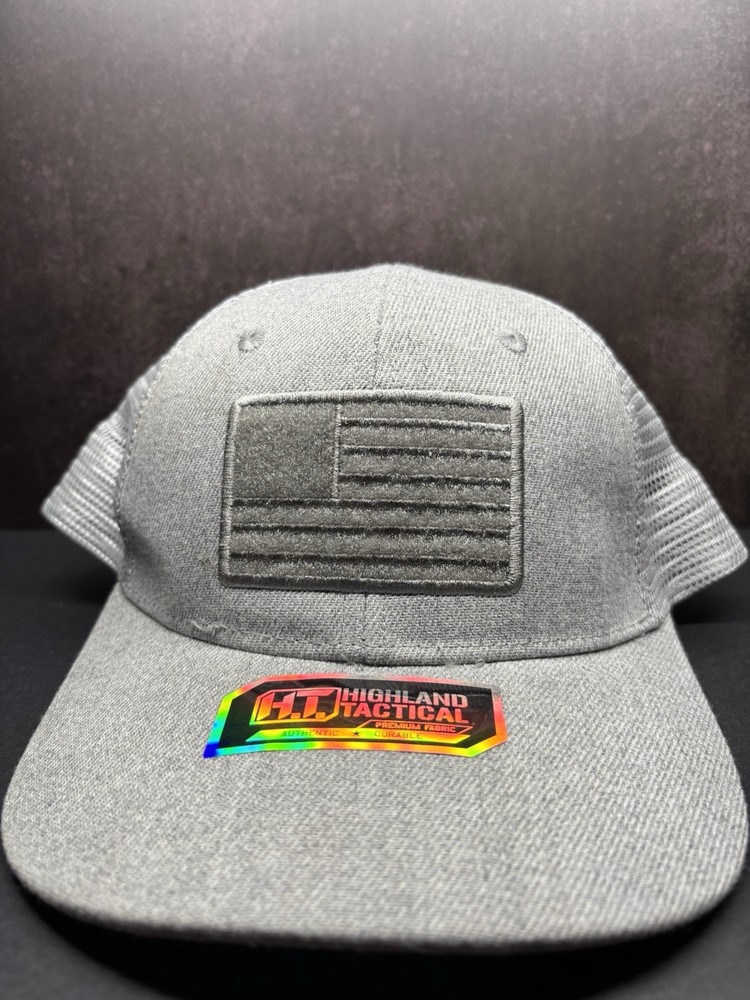 Highland Tactical Hat American Flag Trucker Mesh Cap Snapback Gray Patch READ
