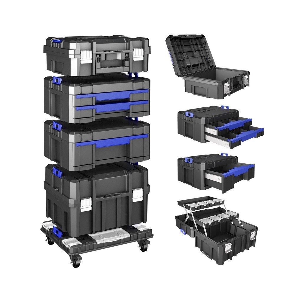 4 Tier Stackable Rolling Tool Box with Wheels | Modular Tool Organizer Box St...