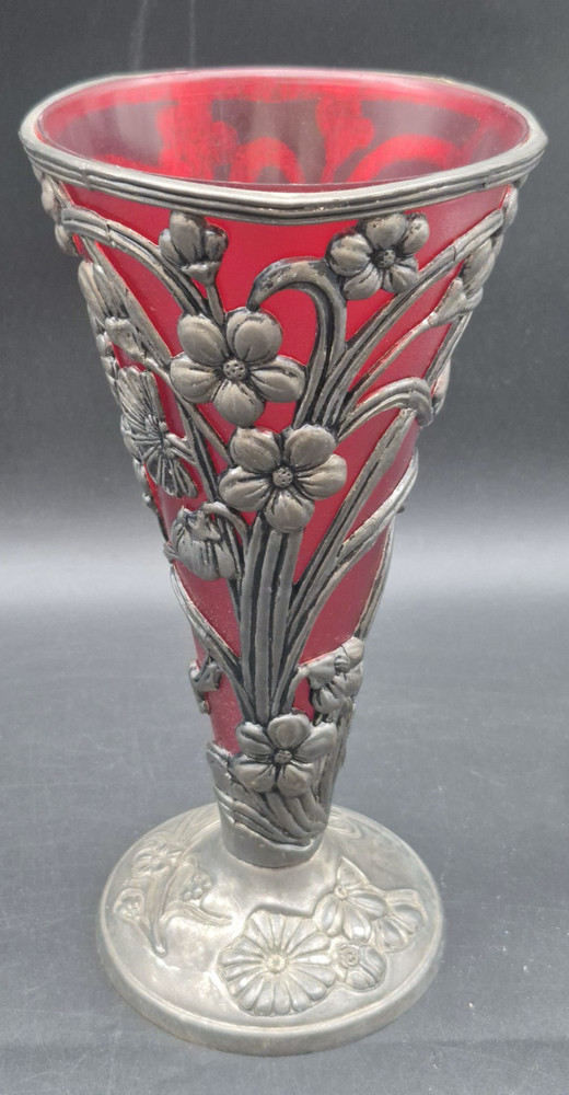 Ruby Red Vase Brass Base Vintage 10" Tall