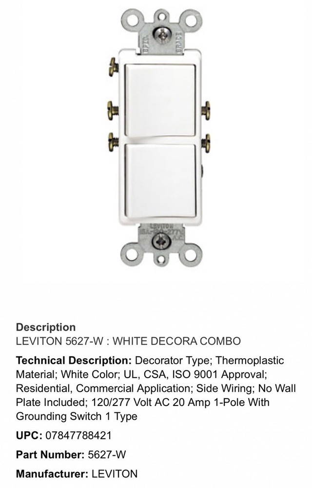 Leviton 5627-W Single Pole Switch 20A 120