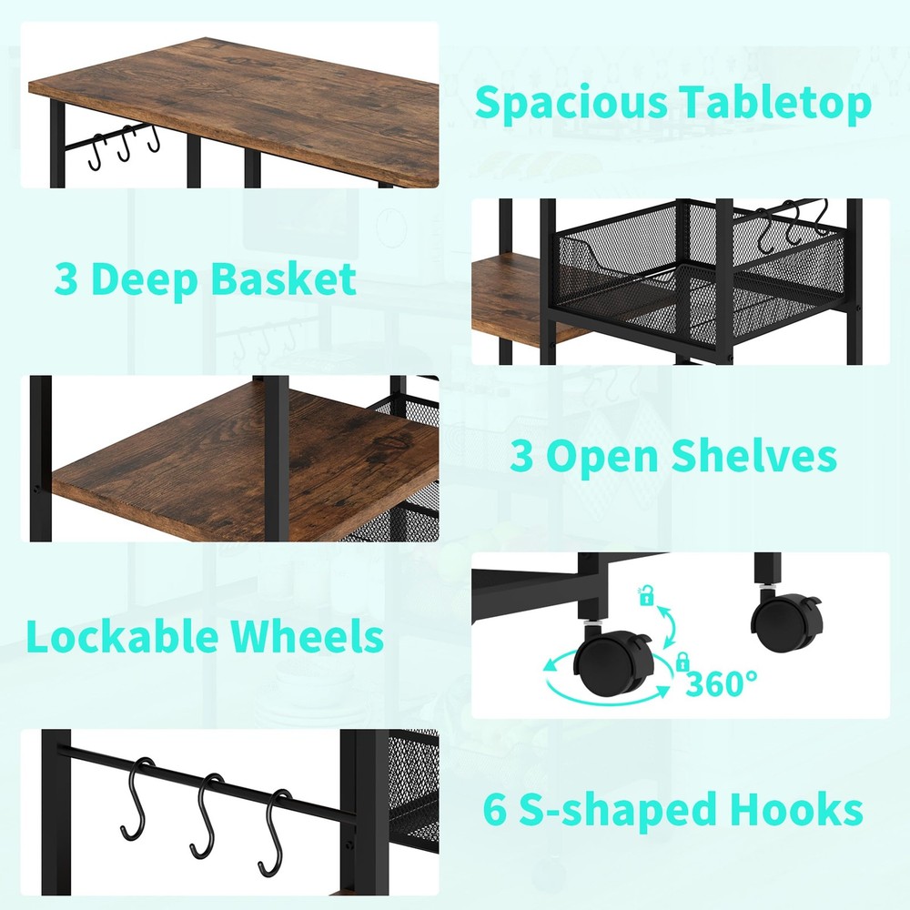 Rolling Kitchen Carts with Storage - Microwave Table Stand with 6 Hooks & 3 B...