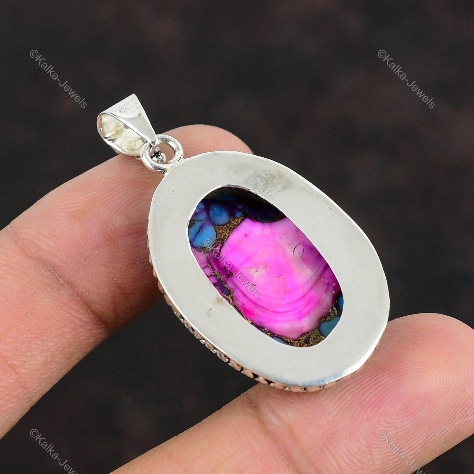 Natural Kingman Dahlia Turquoise Gemstone Pendant Pink 925 Sterling Silver