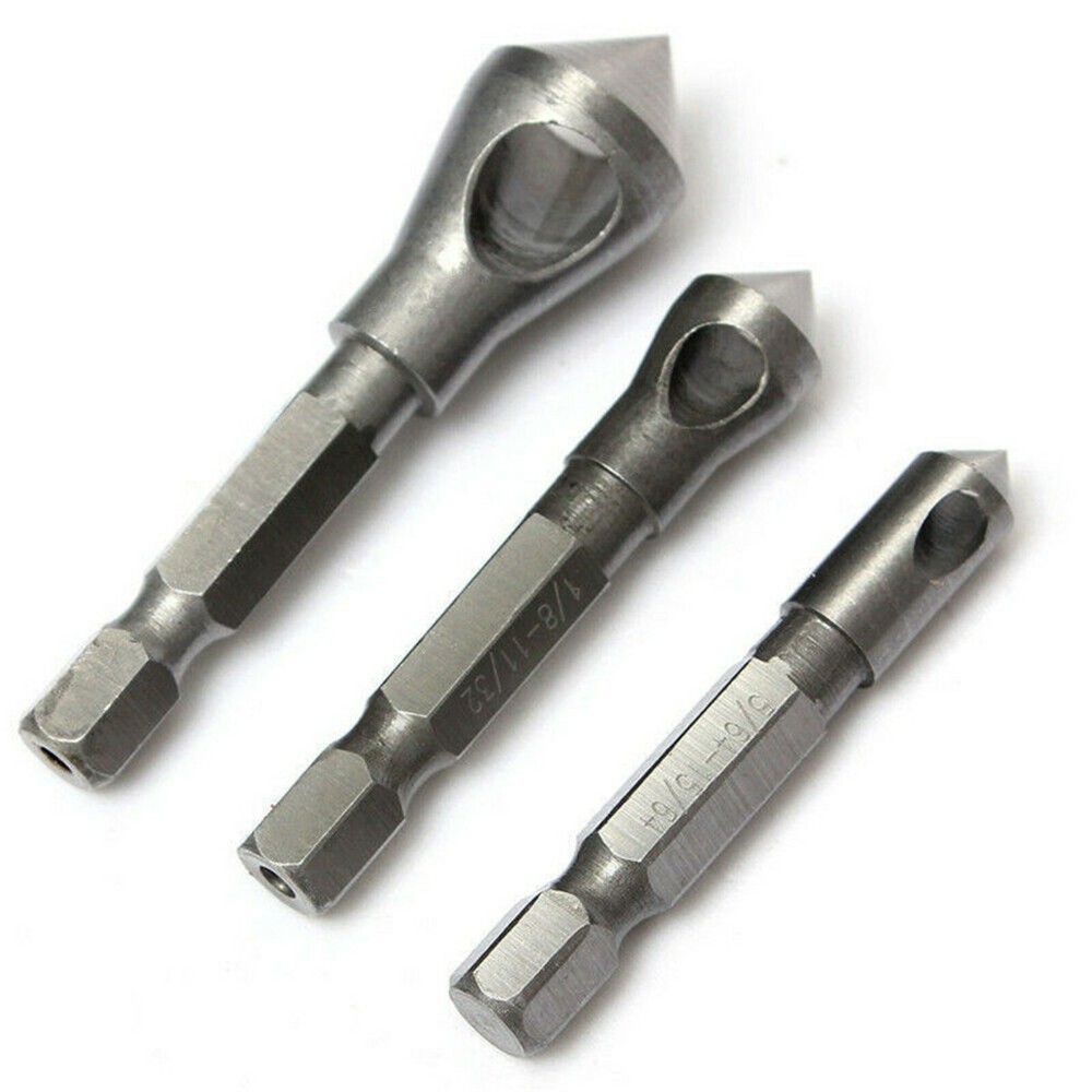 3Pcs Chamfer Countersink Deburring Drill Bits Set Kit Cutting Metal Wood Tool