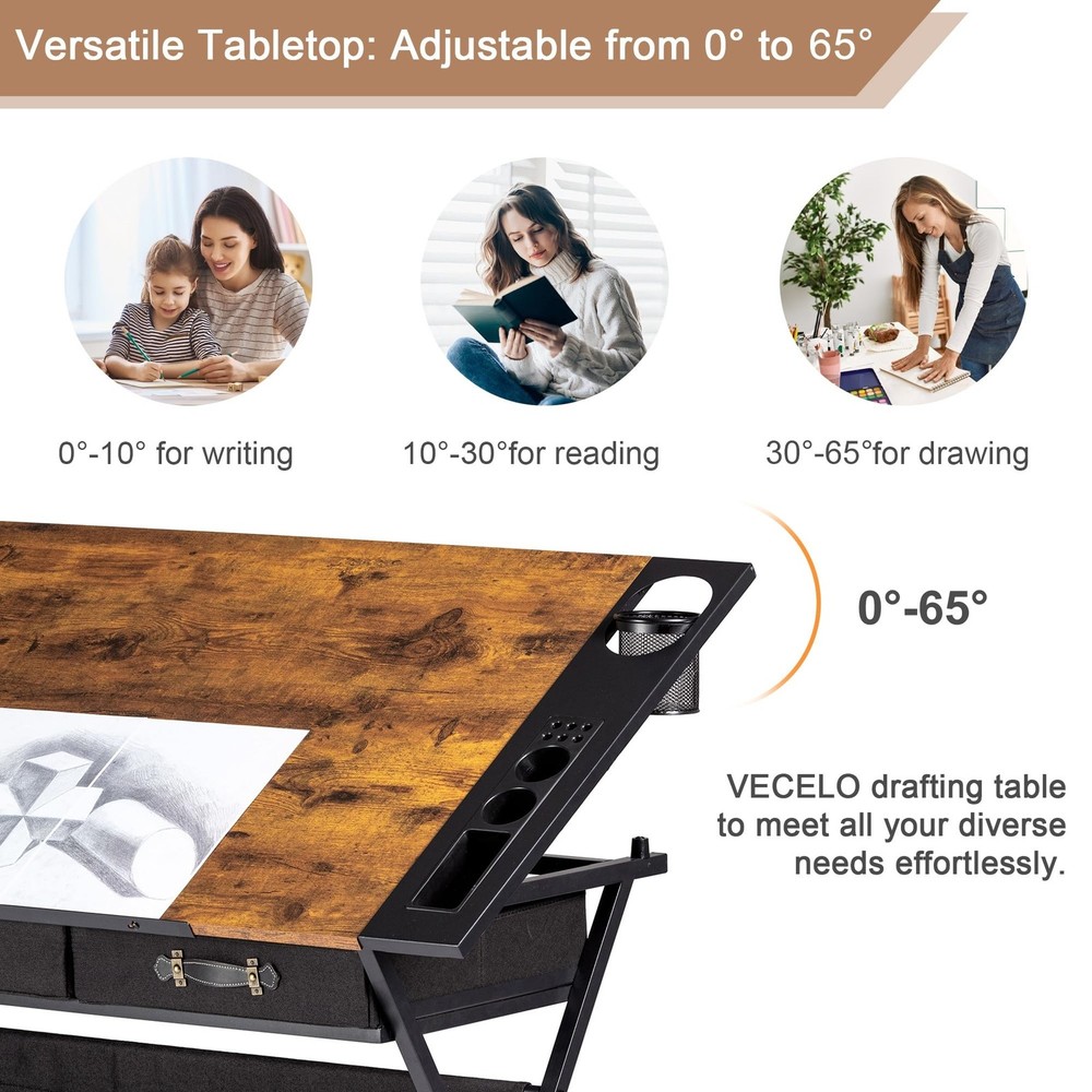 VECELO Drafting Table Art Desk Art Table Adjustable Drawing Table Tilted Tabl...