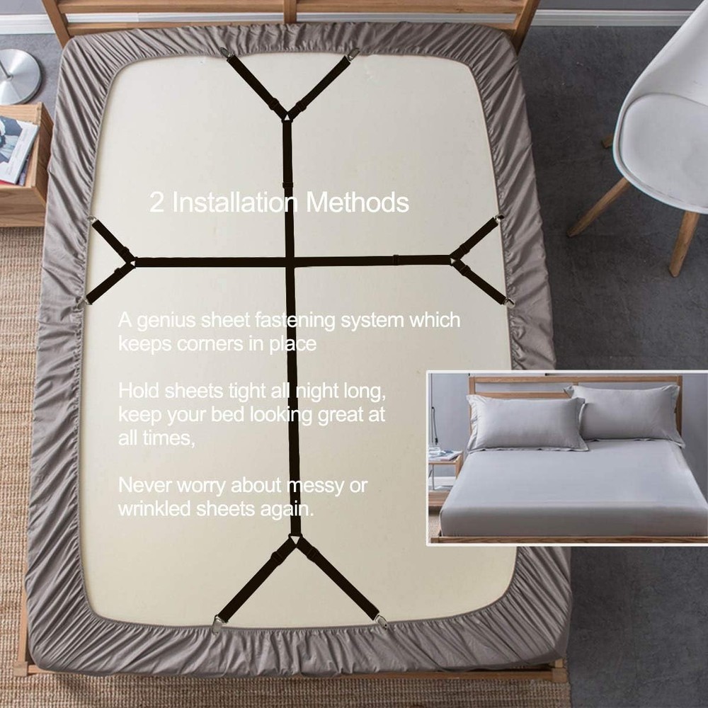 Adjustable Bed Sheet Clips - 4 Pack with Secure Crisscross Design, Black