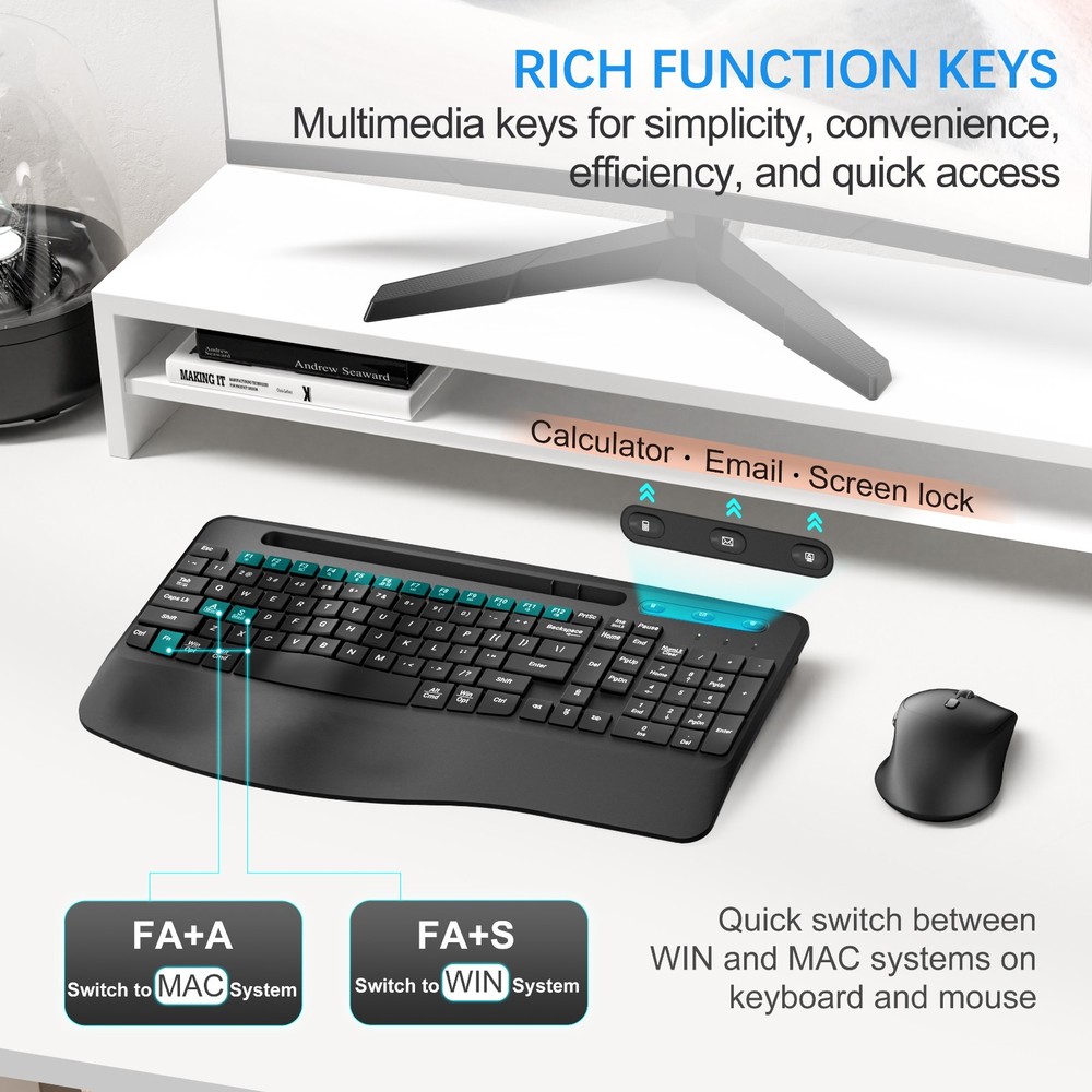 Wireless Keyboard and Mouse Quiet Combo USB Ergonomic Full-Sized Rechargable