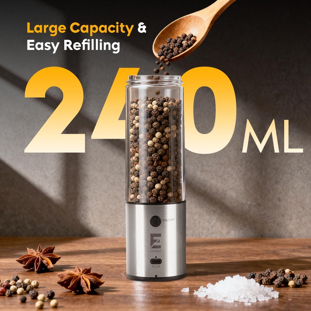 Salt & Pepper Grinder Set - Handed Automatic Pepper Mill with Light Adjustabl...