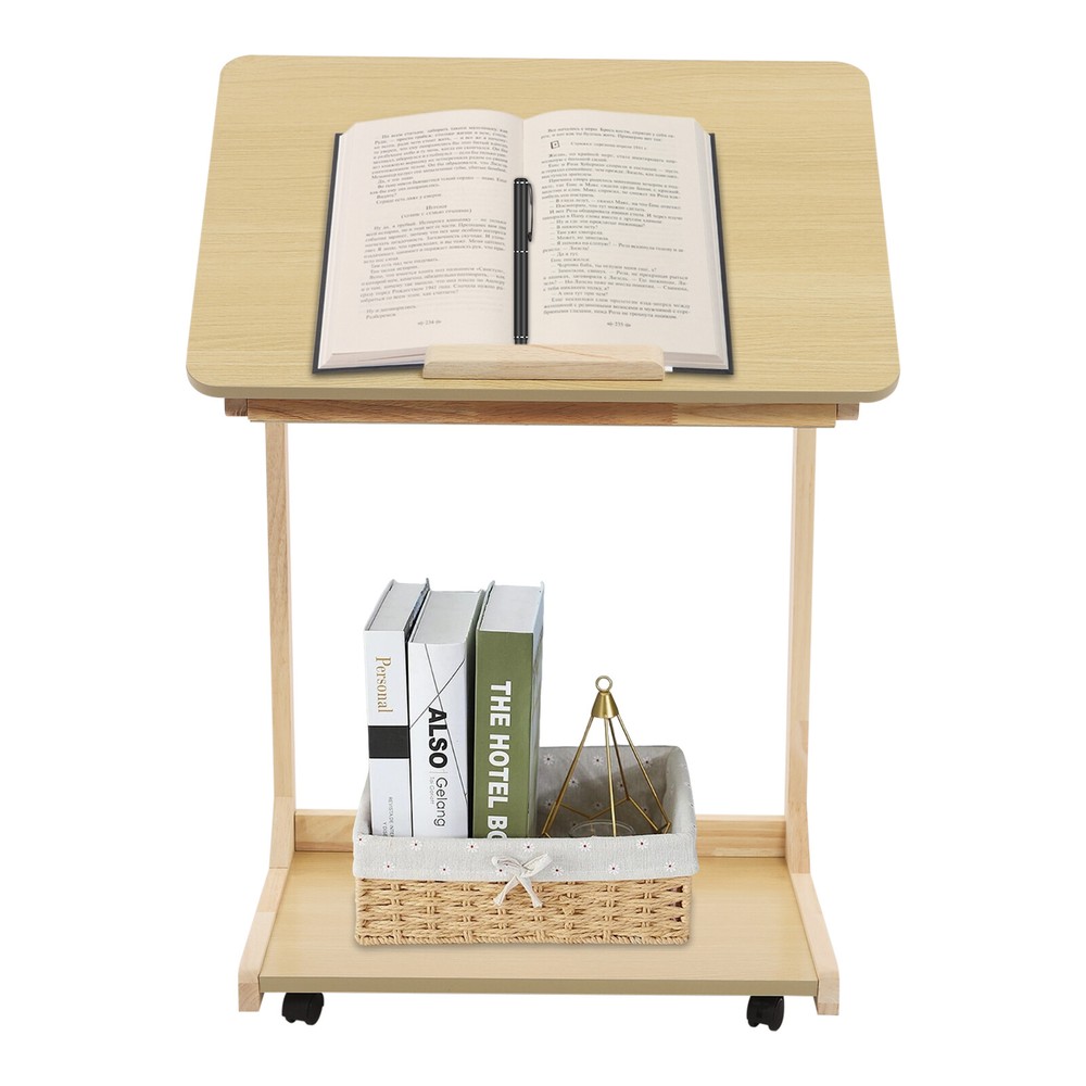 2 Tier C Shaped Table With 4 Wheels Couch Table End Table For Drink & Snack US