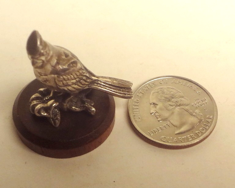 HTF 1985 KIRK STIEFF sterling silver CARDINAL bird MINI SERIES on WOOD PLATEAU