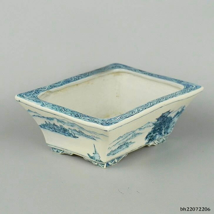 Used Bonsai Pot Hikosanjin Small Rectangular 11cm Blue & White Landscape