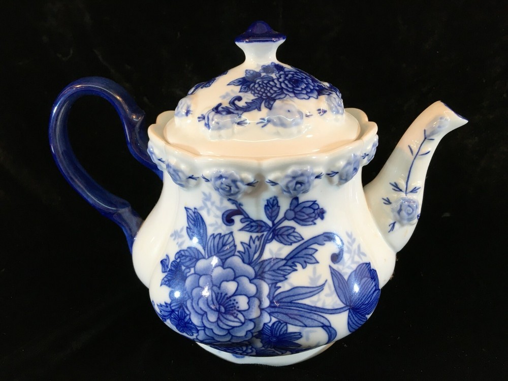 Embossed Blue Floral Ceramic Tea Pot