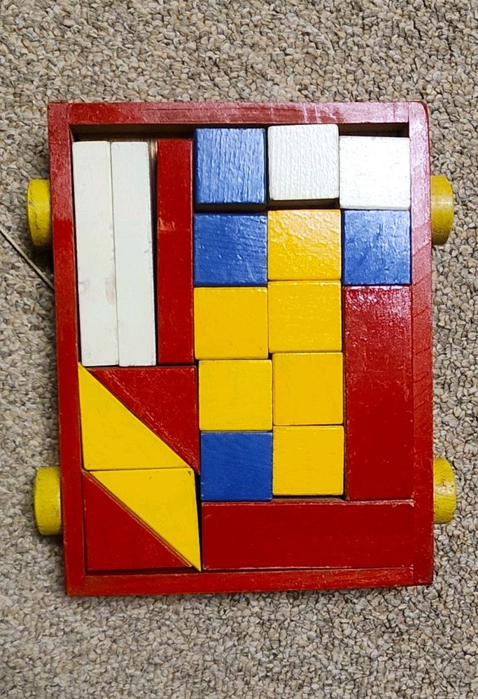 Vintage Wooden Pull Cart Building Blocks