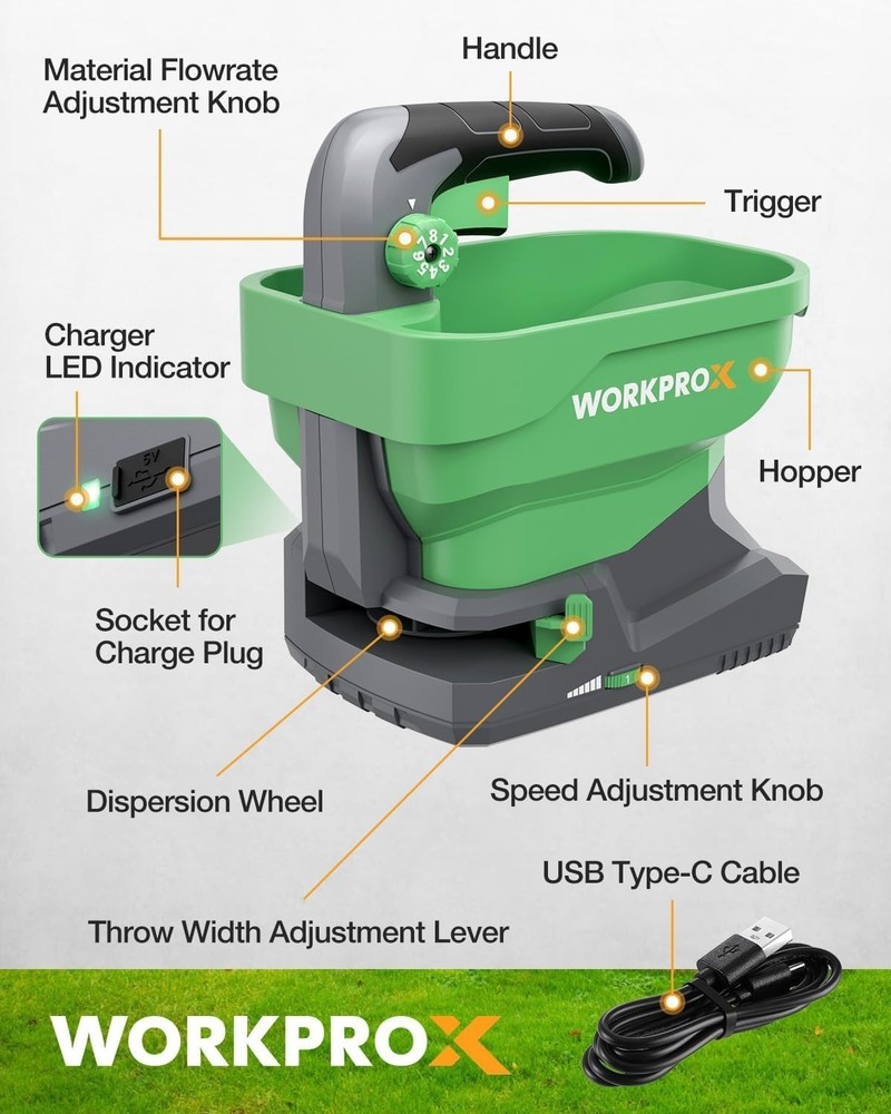 Battery Powered Fertilizer Spreader, 7.2V Seed Spreader for Salt, De-Icer