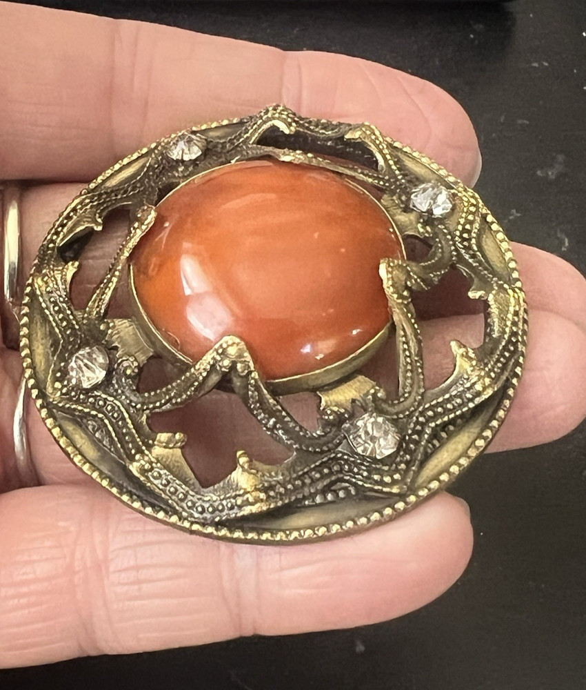 Antique Ornate Large 2" Brass & Orange Stone Agate Paste Button