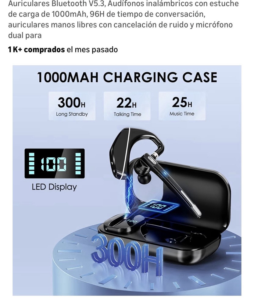 Bluetooth V5.3 Ear-hook Headset Dual Mic Noise Cancel LED Display Case