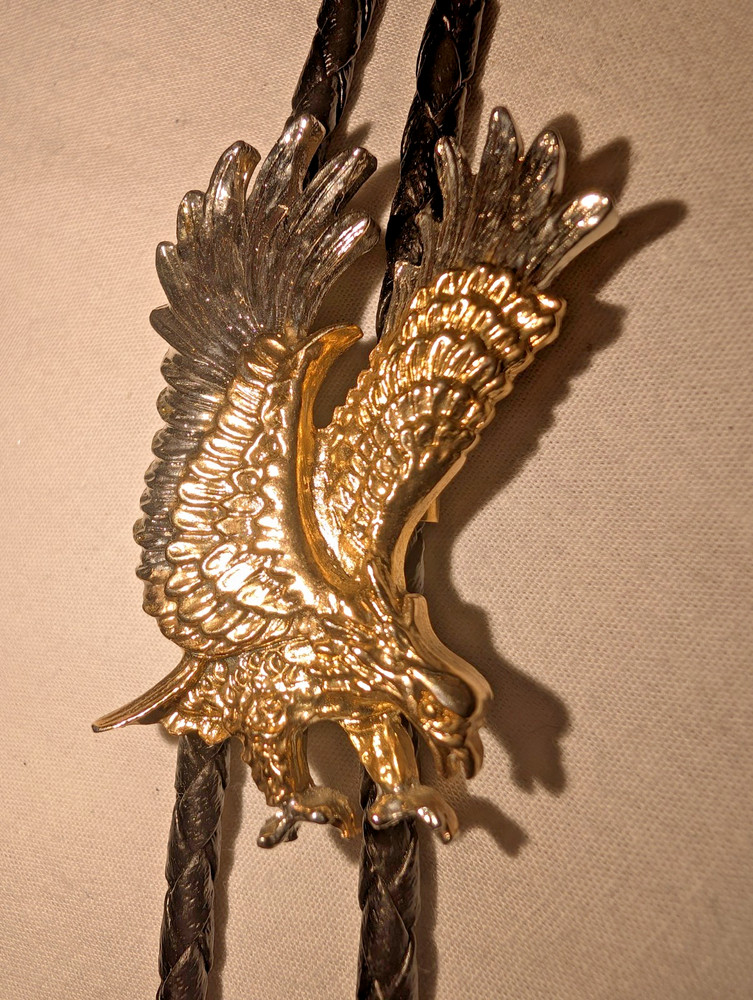 Black Braided Bolo Tie Two Tone Gold/Silver Color Flying Eagle