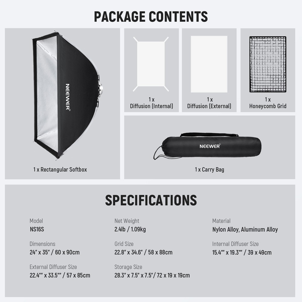 NEEWER 24''x35'' Quick Setup Foldable Rectangular Strip Softbox Bowens Mount