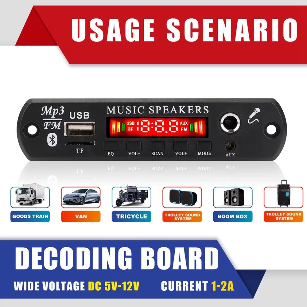 12V MP3 Decoder Board Bluetooth 5.0 Wireless Car Audio Microphone USB TF-R6434