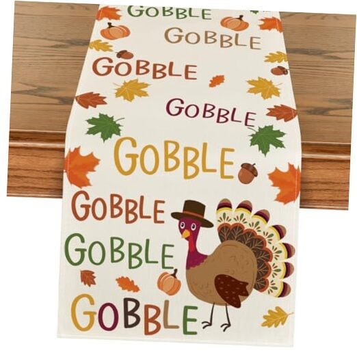 Gobble Turkey Maple Leaves Thanksgiving Table Runner, Table Runner, 13" x 108"