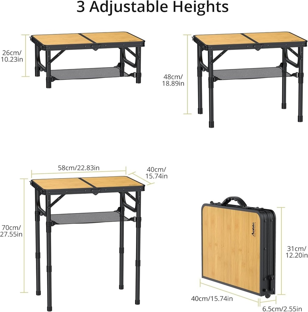 2ft Camping Table Foldable W/ Storage Net 3 Adjustable Heights Aluminum Small