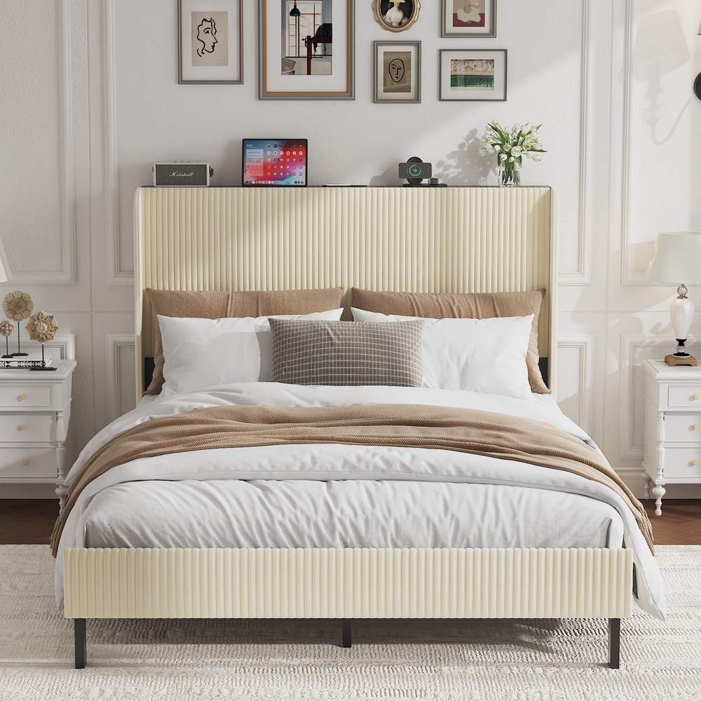 Queen Size Platform Bed , Metal Bed Frame with Charging Station, No Box Spring