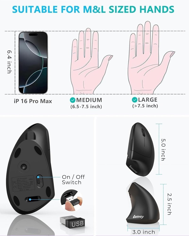 Lekvey Ergonomic Mouse, Vertical Wireless Mouse: Rechargeable Classic Black