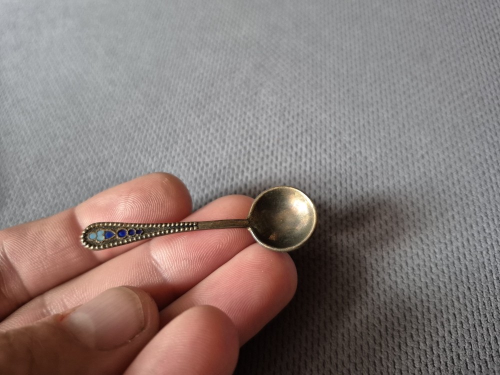 Antique Russian Enamel Mini Salt Spoon 875 Silver Marked ￼