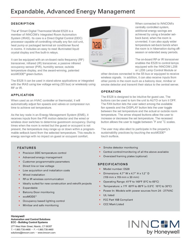 Honeywell INNCOM E528 Smart Thermostat with Motion Sensor and ESM