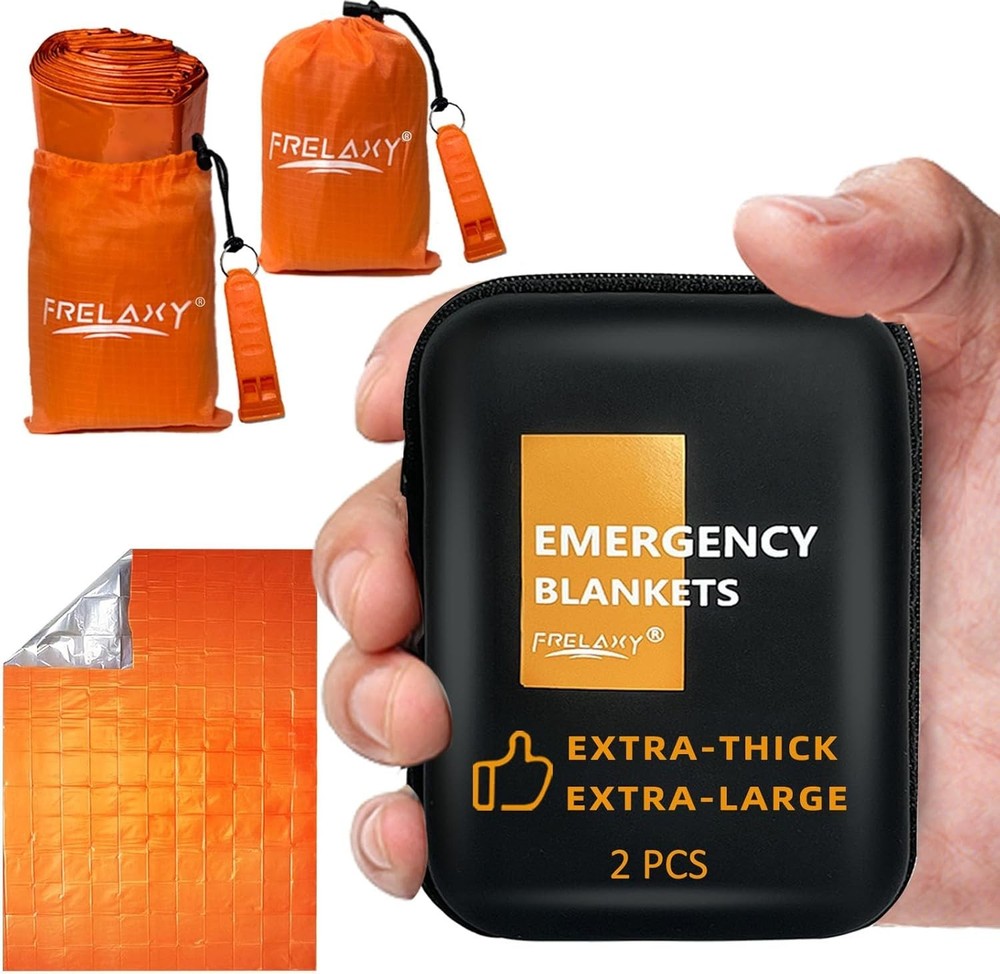 Emergency Blanket 2-Pack, Extra-Thick Extra-Large Space Blankets with Whistle...