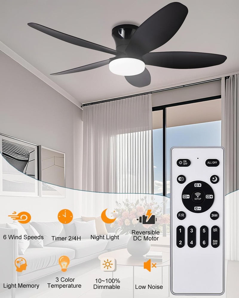 36" Low Profile Ceiling Fan with Lights & Remote, 6-Speed Wind, Dimmable 3-Co...