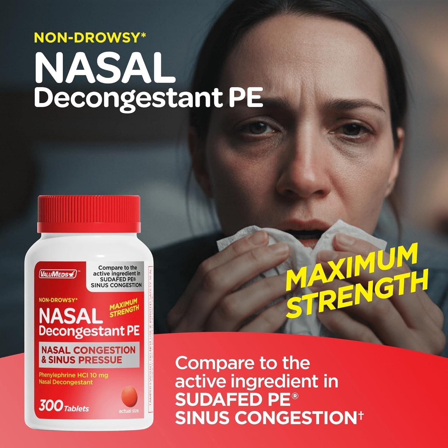 Nasal Decongestant PE Phenylephrine Hcl 10Mg Tablets (Bulk 300 Count) Non-Drowsy