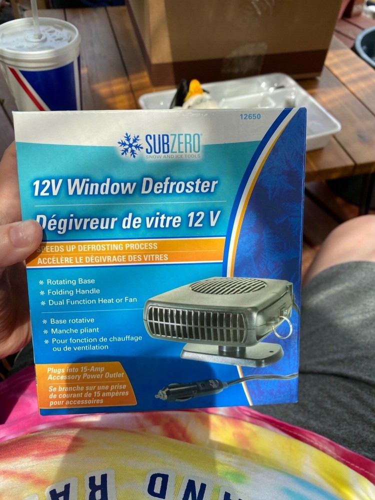 Subzero 12V Window Defroster/Fan Combo. Rotating Base, Folding Handle.