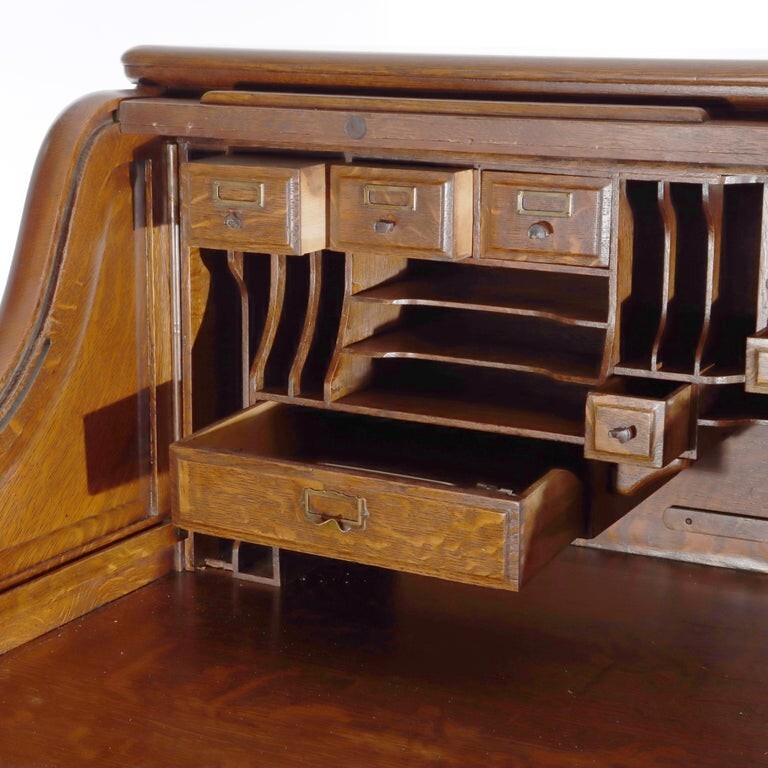 Derby Oak Raised Panel S-Roll Top Desk with Carved Pulls c1920