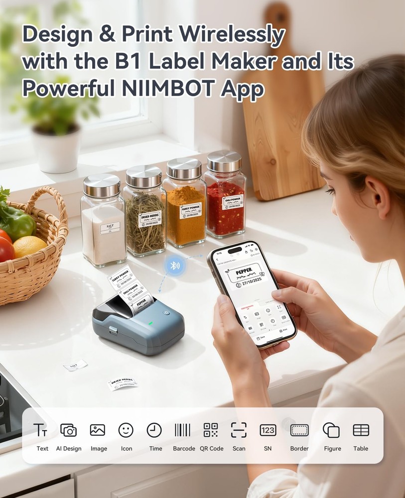 NIIMBOT B1 Portable Bluetooth 2" Thermal Label Maker Machine w/Tape