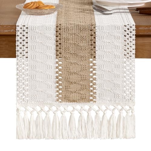 Boho Table Runner Easter Spring Farmhouse Rustic 12" x 48" Brown & Ivory