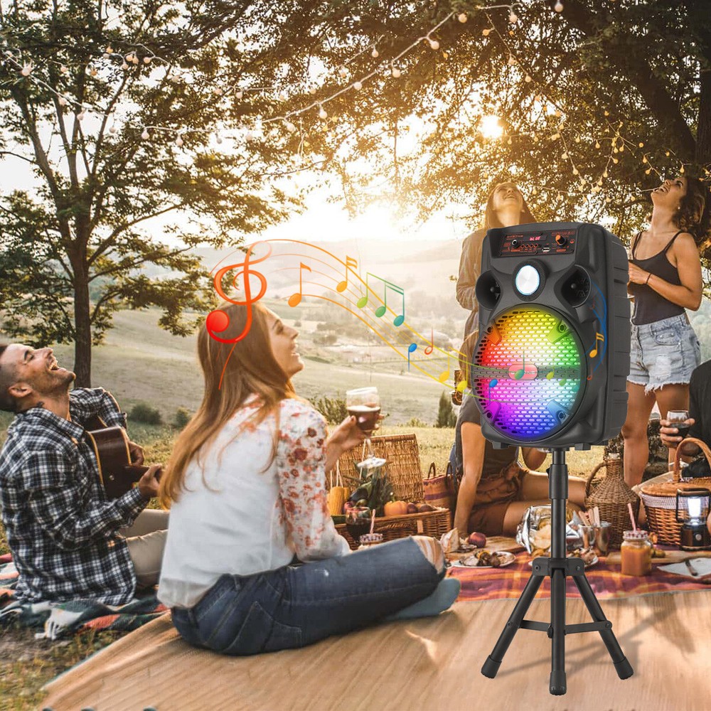 New 8" Portable Bluetooth Speaker Rechargeable Tripod Stand Mic LED Light Remote