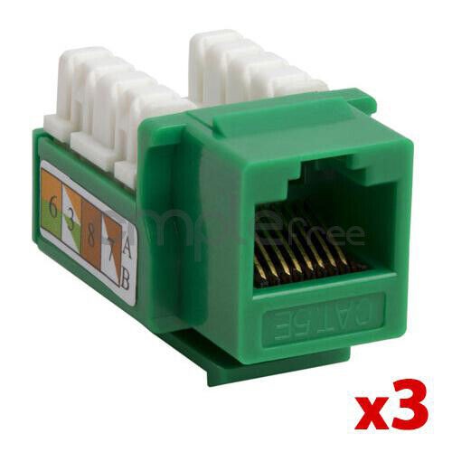 3 pack Cat5e Keystone Jack Green Network Ethernet 110 Punchdown 8P8C Internet