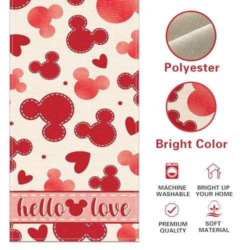 Valentines Table Runner, Hello Love Red Hearts Kitchen Dining Table