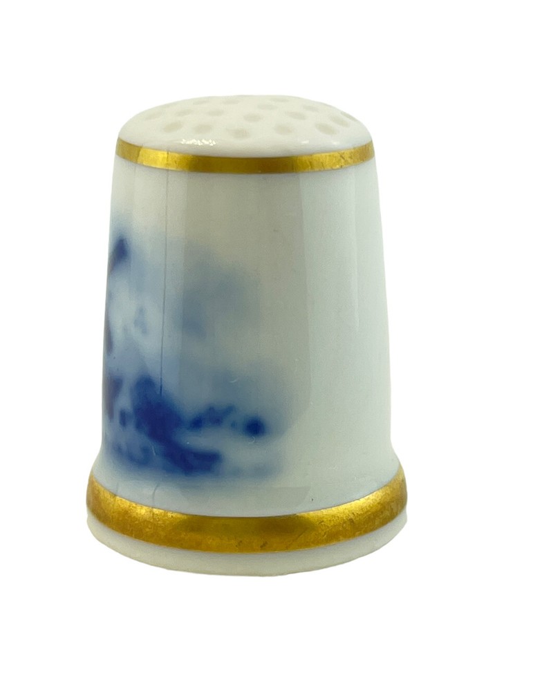 Thimble Sewing Windmill Porcelain White Blue Gold