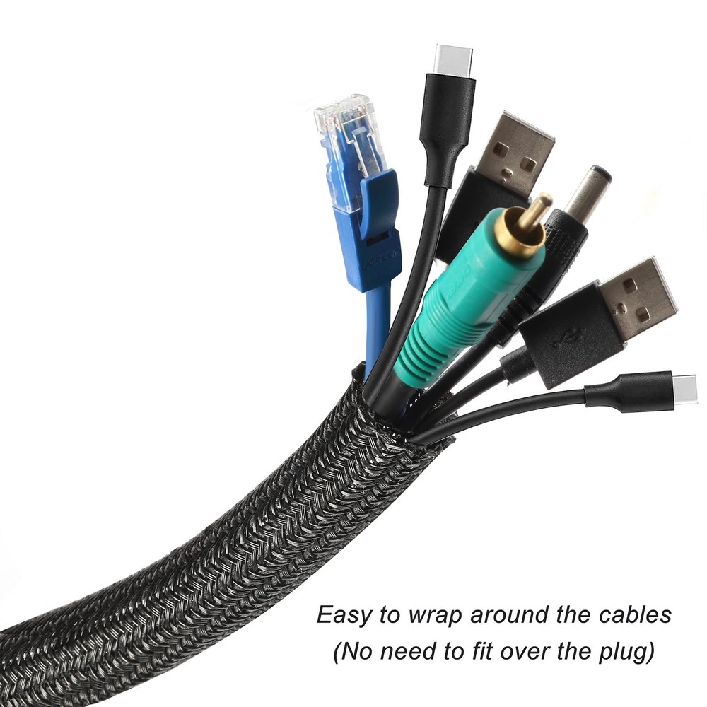 25ft 1.25in Braided Self-Wrapping Split Cable Sleeve for TV/Computer - Black