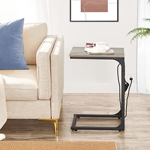 C Shaped End Table with Charging Station, Side Table for Sofa, Couch 2 Greige