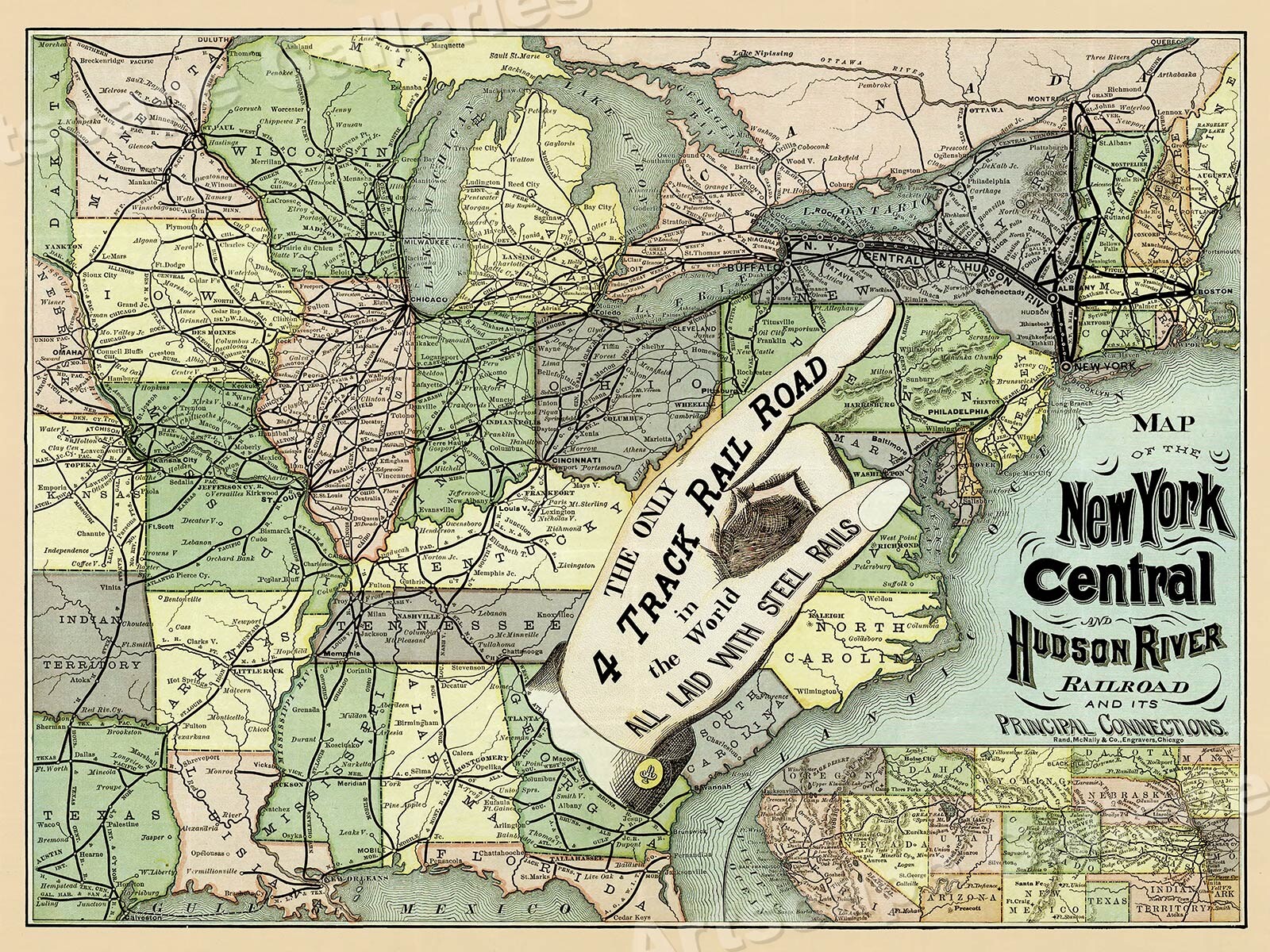 1870s NY Central and Hudson River RR Map - 18x24